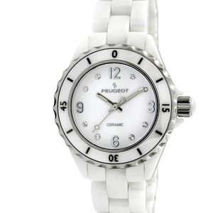 Peugeot white ceramic wrist watch sport dial with Swarovski crystal markers